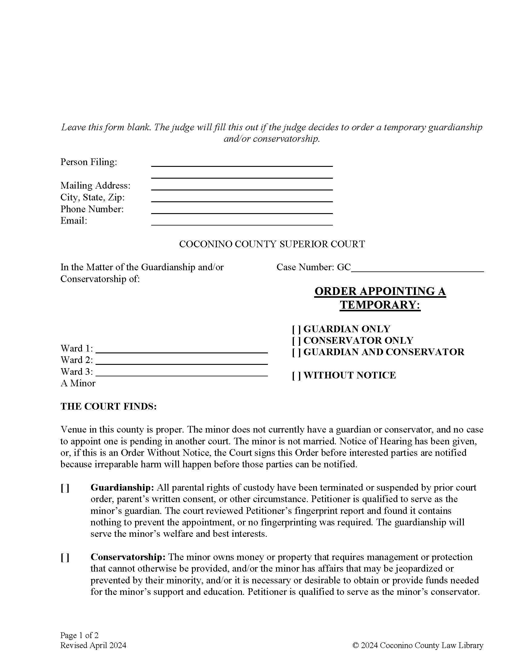Order Appointing A Temporary Guardian And Conservator (For A Minor) | Pdf Fpdf Doc Docx | Arizona