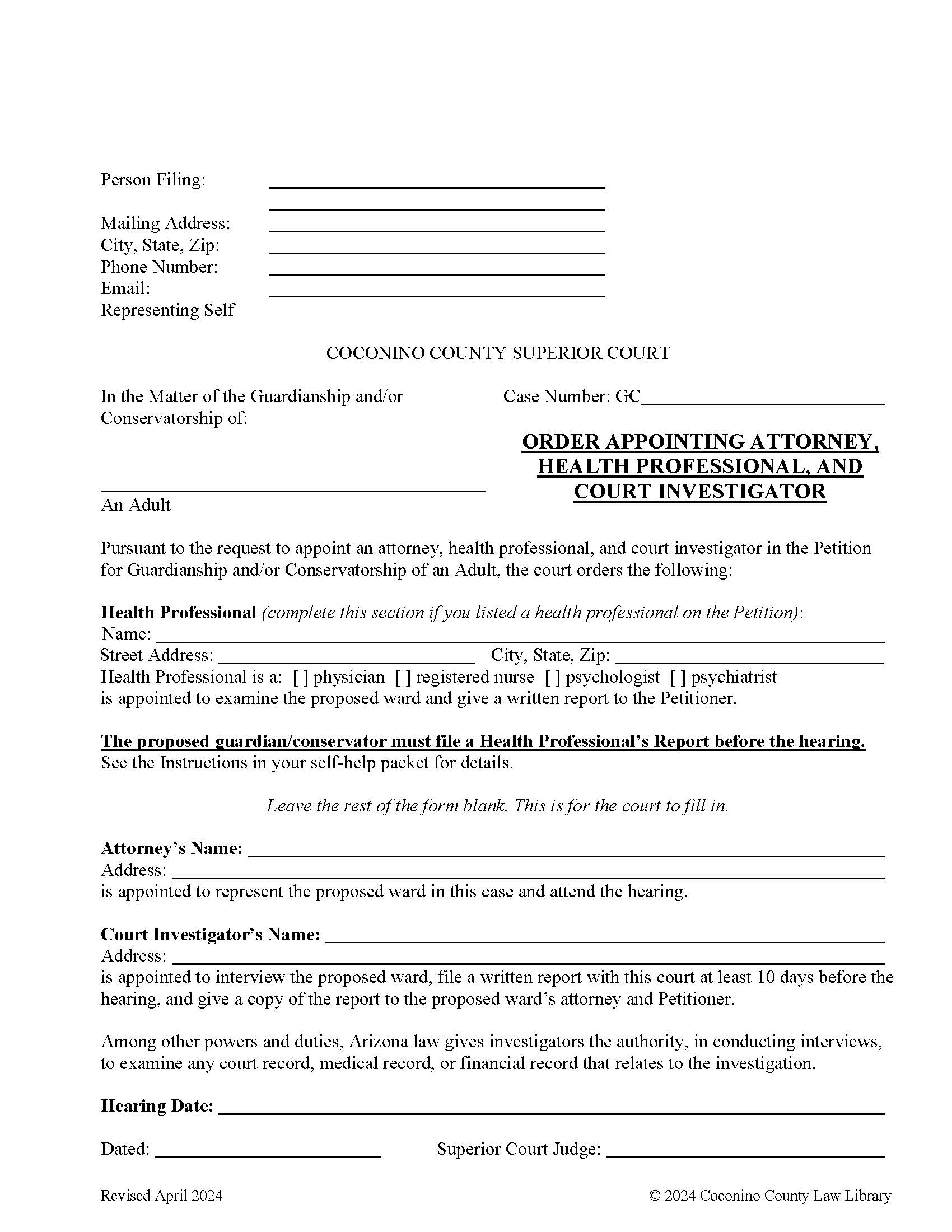 Order Appointing Attorney Health Professional And Court Investigator | Pdf Fpdf Doc Docx | Arizona