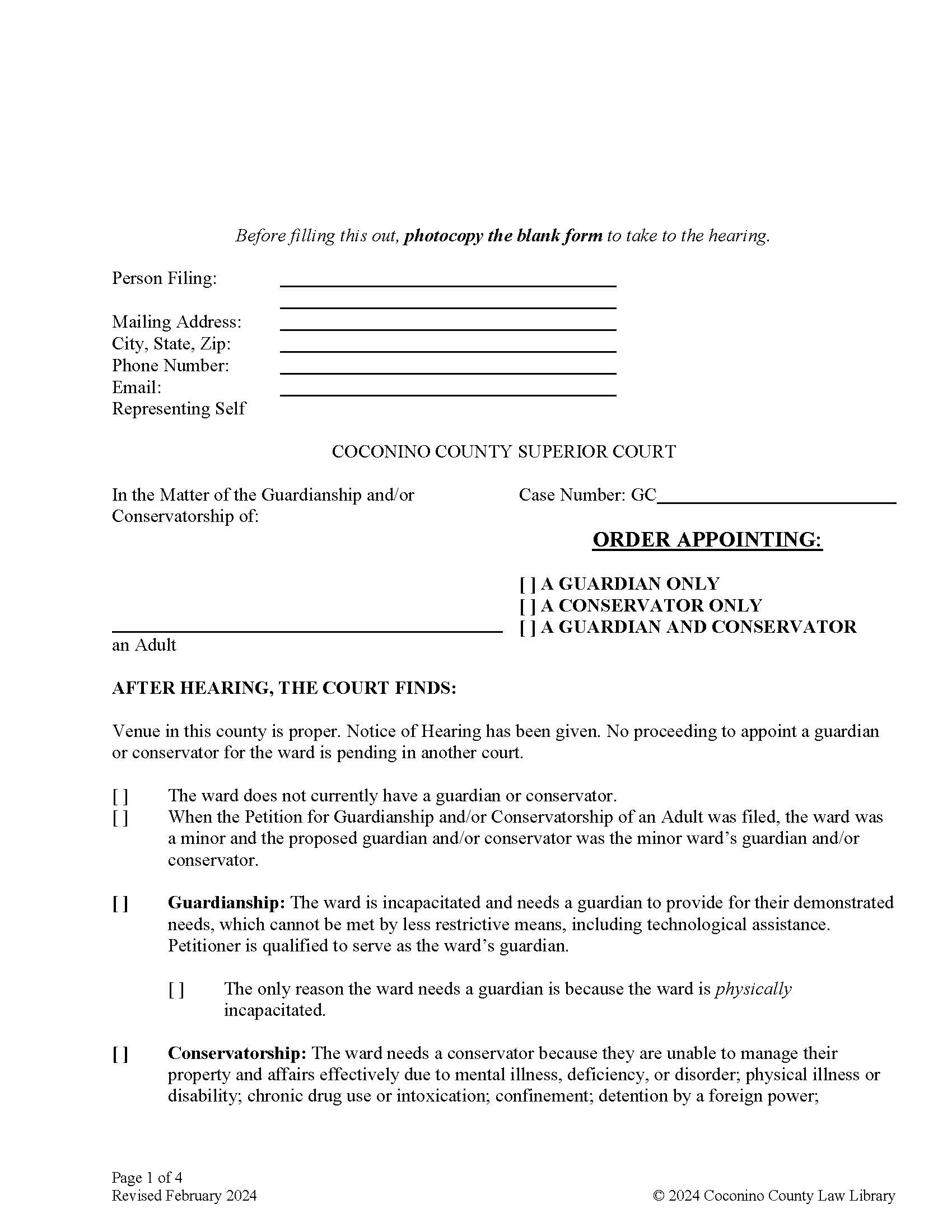 Order Appointing Guardian And Or Conservator Adult | Pdf Fpdf Doc Docx | Arizona