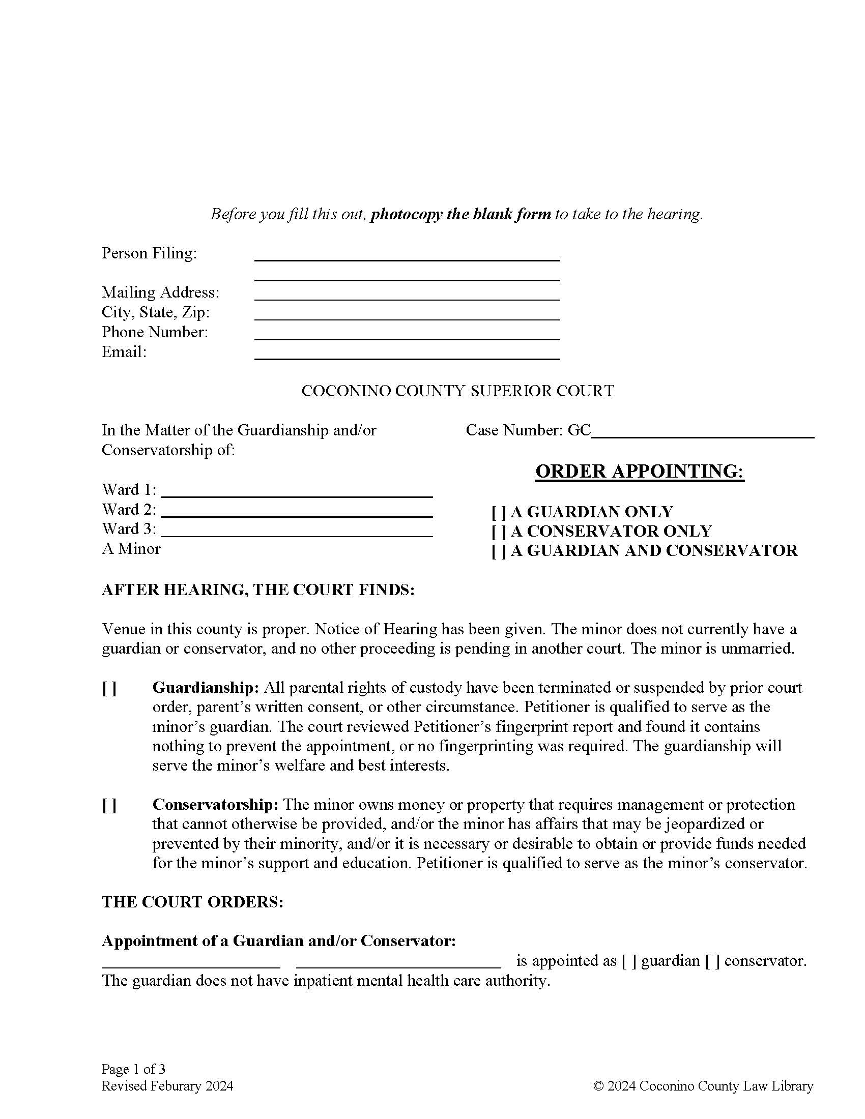 Order Appointing Guardian And-Or Conservator (Minor) | Pdf Fpdf Doc Docx | Arizona