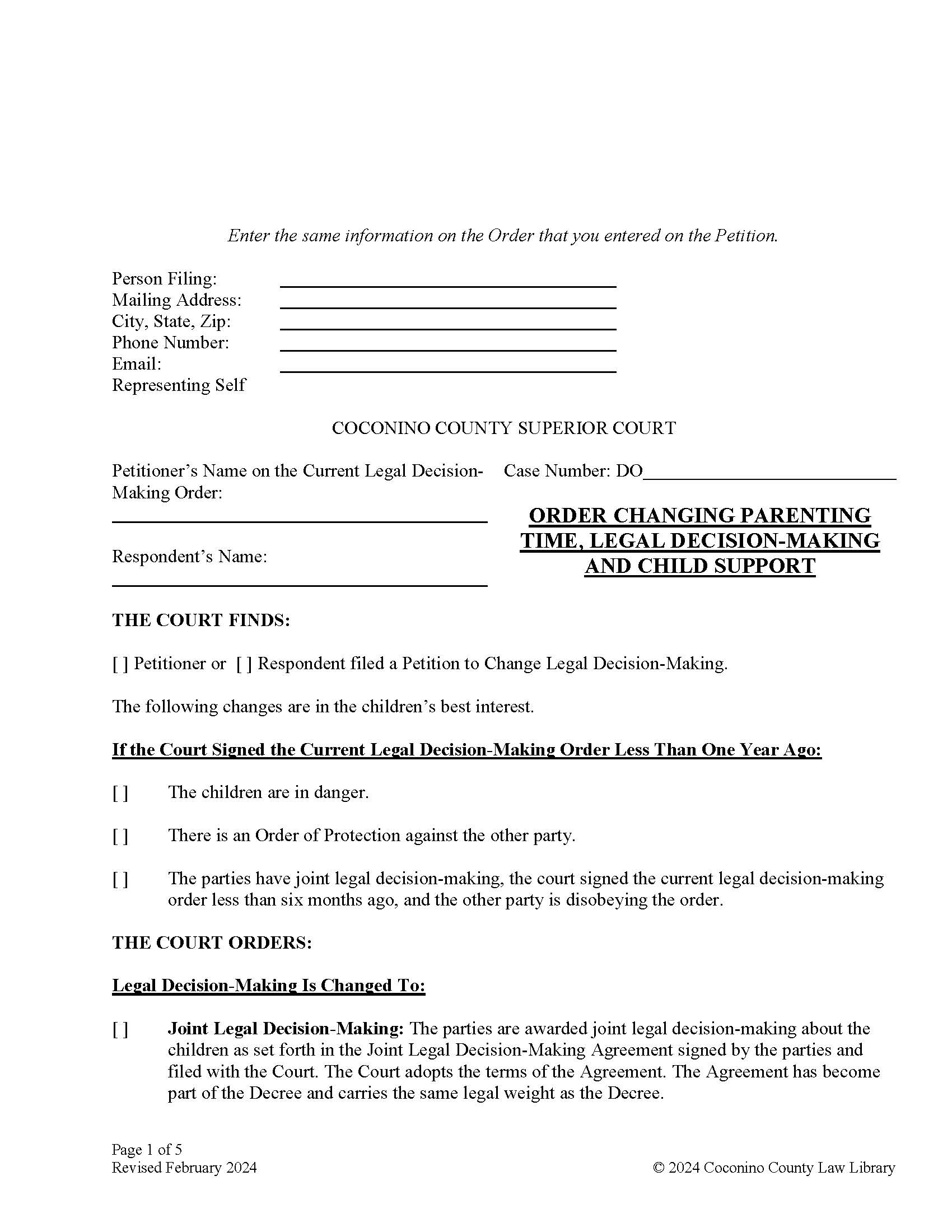 Order Changing Parenting Time Legal Decision Making And Child Support | Pdf Fpdf Docx | Arizona