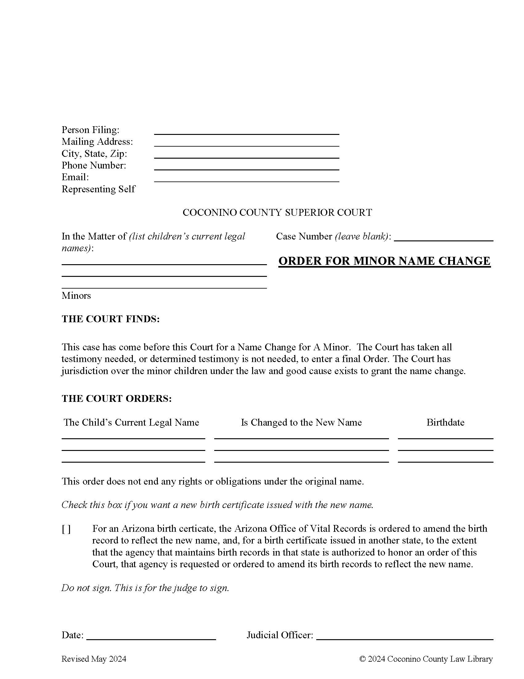 Order For Minor Name Change | Pdf Fpdf Doc Docx | Arizona