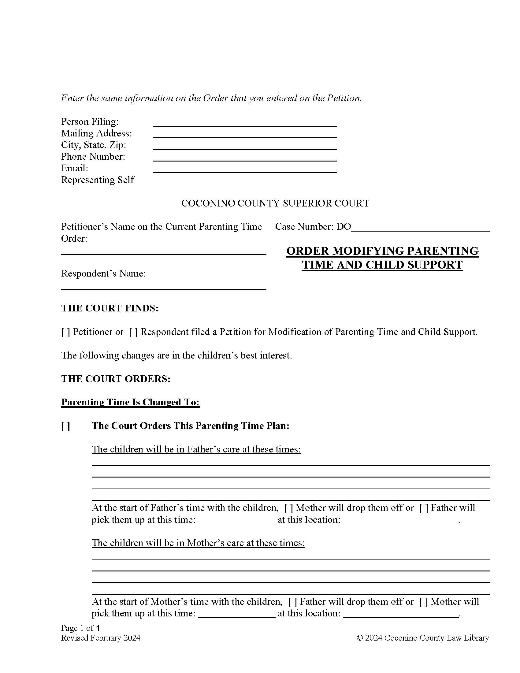 Order Modifying Parenting Time And Child Support | Pdf Fpdf Docx | Arizona