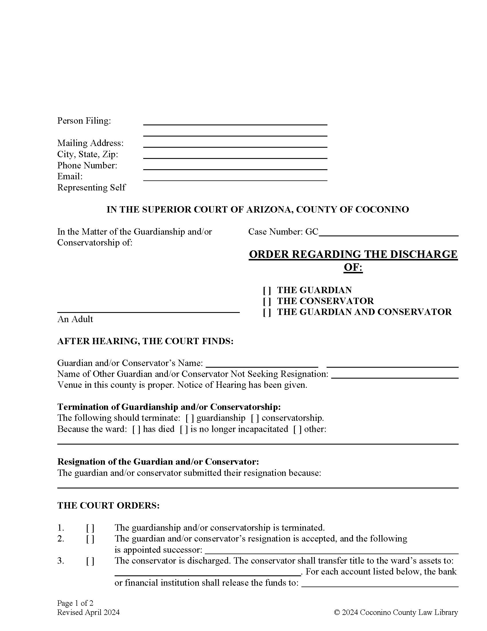Order Regarding Discharge Of Guardian Conservator Both (For An Adult) | Pdf Fpdf Doc Docx | Arizona