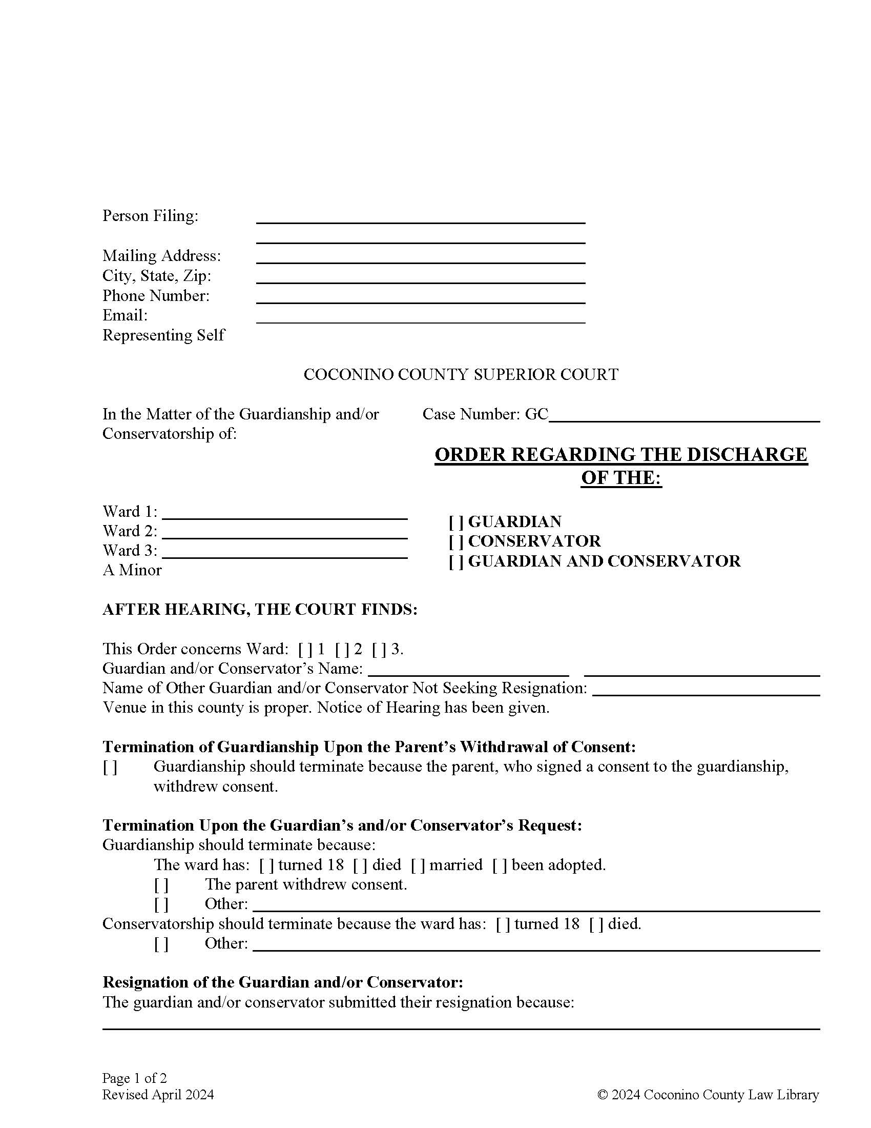 Order Regarding Discharge Of Guardian Conservator Both (Minor) | Pdf Fpdf Doc Docx | Arizona