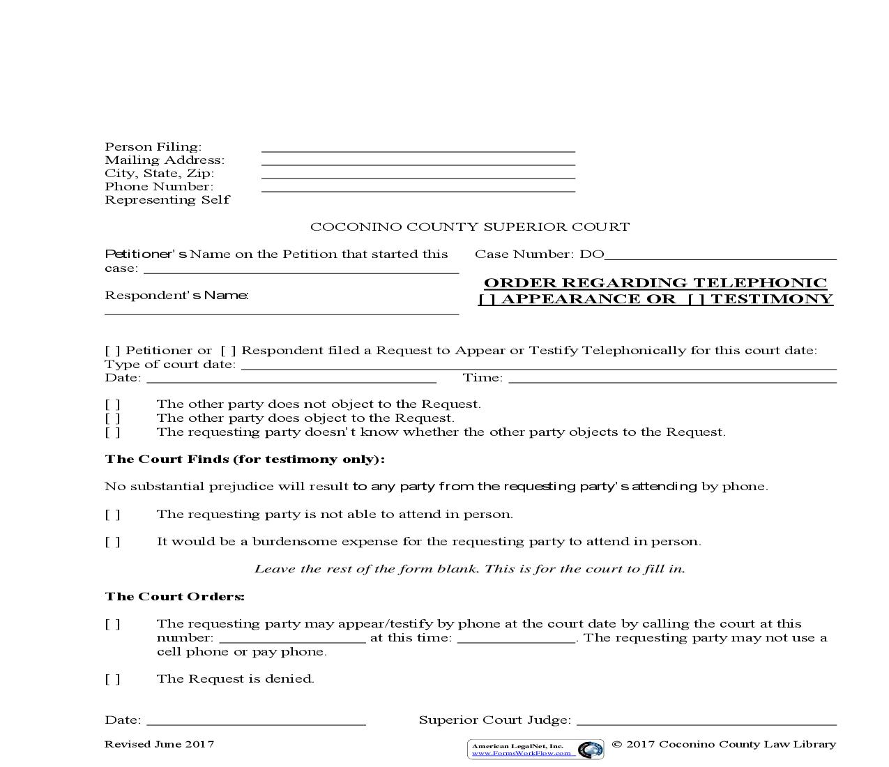 Order Regarding Telephonic Appearance Or Testimony | Pdf Fpdf Doc Docx | Arizona