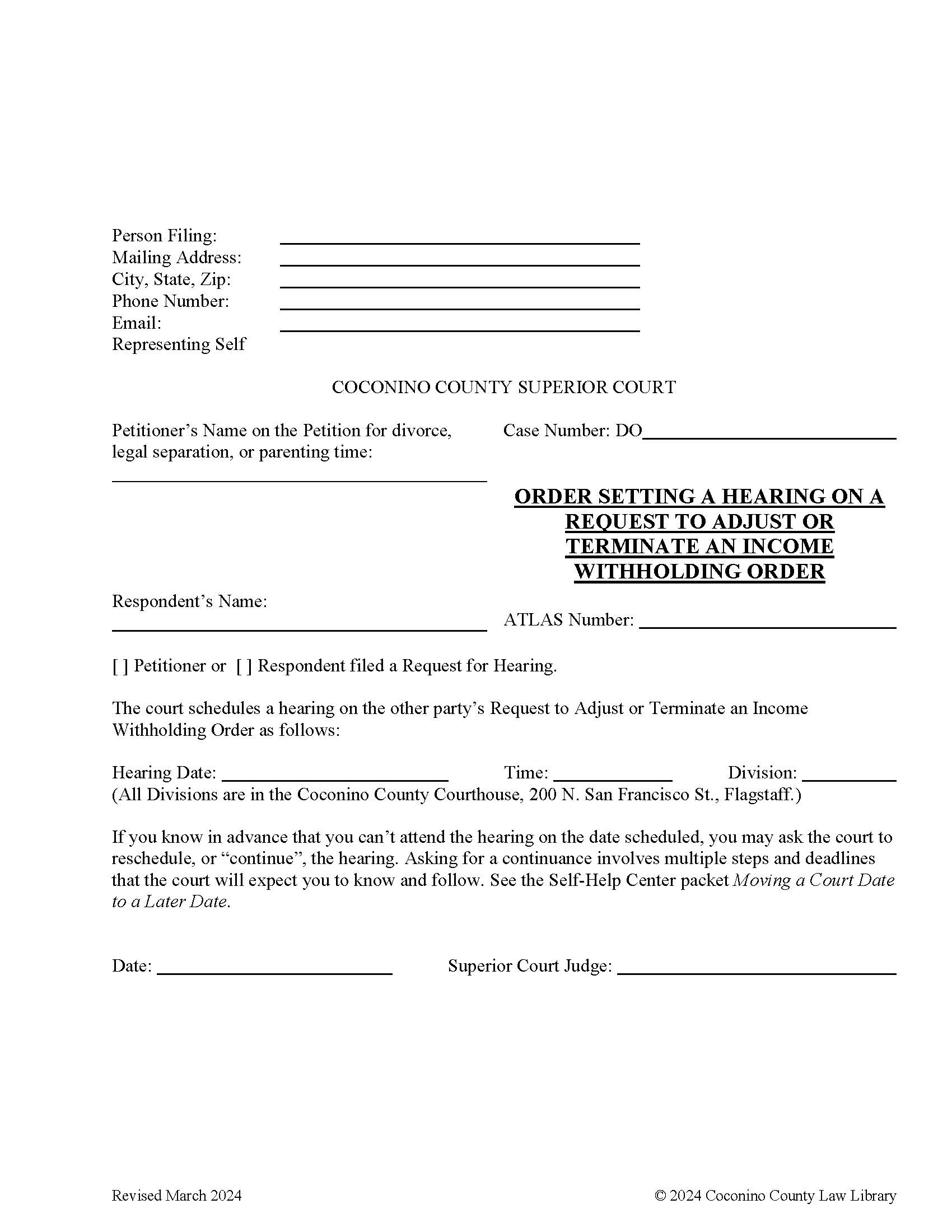 Order Setting A Hearing On A Request To Adjust Or Terminate An Income Withholding Order | Pdf Fpdf Docx | Arizona
