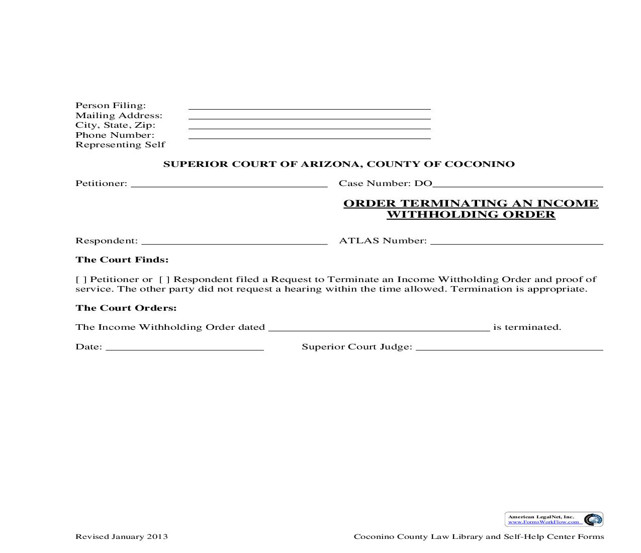 Order Terminating An Income Withholding Order (The Other Party Wont Sign) | Pdf Fpdf Doc Docx | Arizona