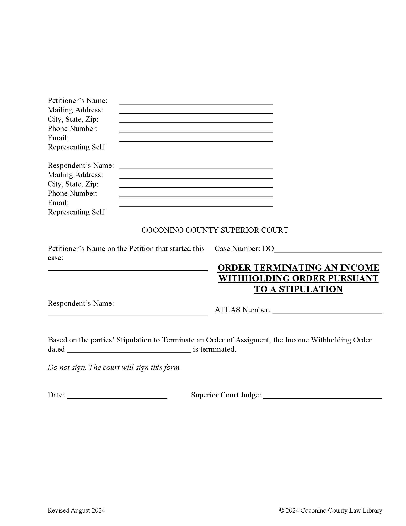 Order Terminating An Income Withholding Order Pursuant To A Stipulation | Pdf Fpdf Doc Docx | Arizona