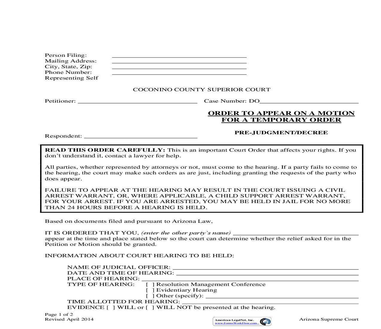 Order To Appear On A Motion For A Temporary Order | Pdf Fpdf Doc Docx | Arizona