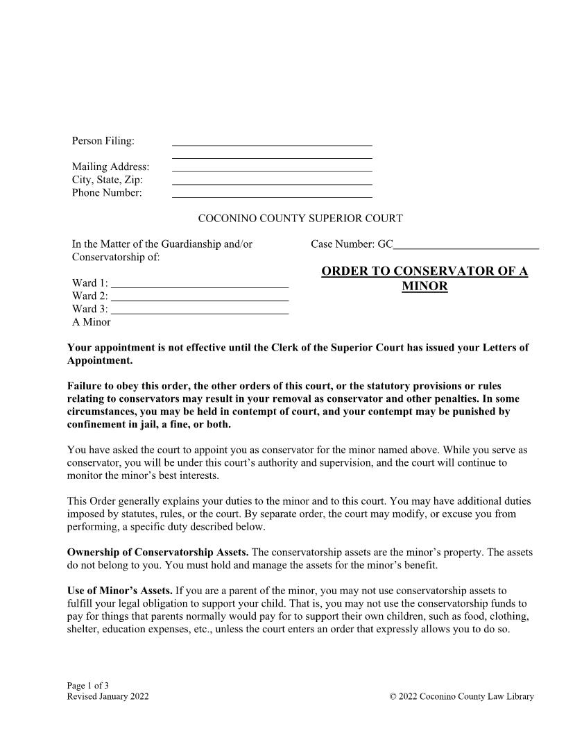 Order To Conservator Of A Minor | Pdf Fpdf Docx | Arizona