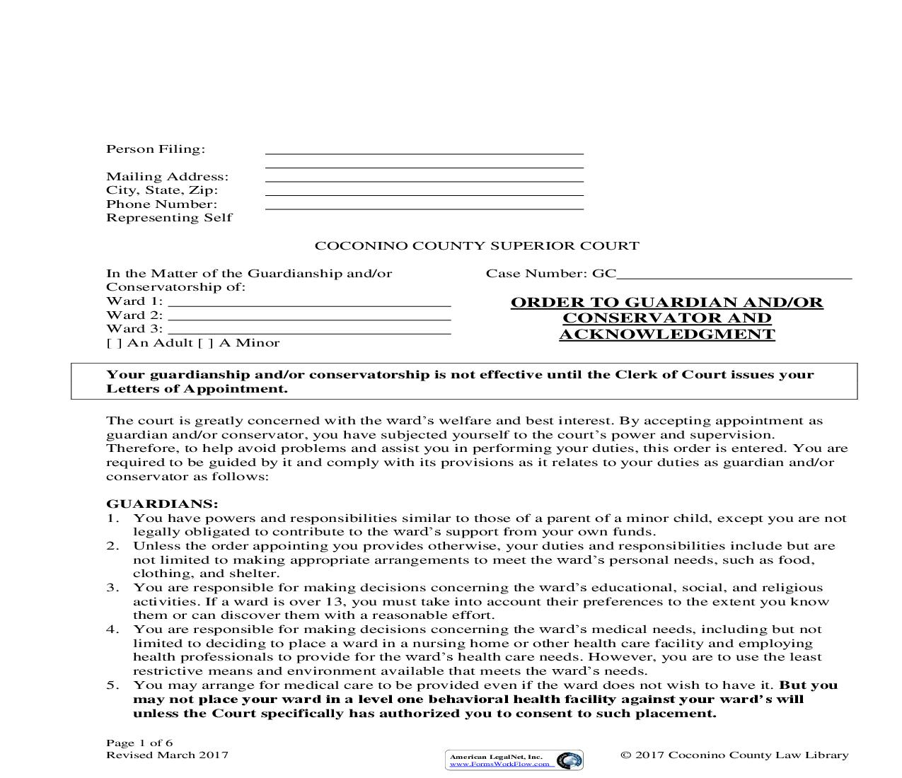 Order To Guardian And-Or Conservator And Acknowledgment (For A Minor) | Pdf Fpdf Doc Docx | Arizona