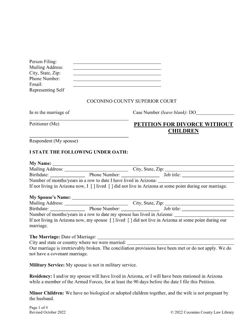 Petition For Divorce Without Children | Pdf Fpdf Doc Docx | Arizona