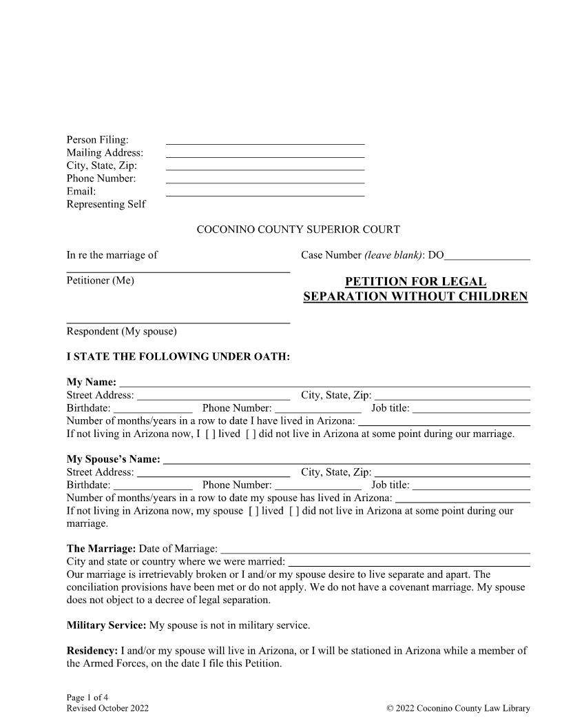 Petition For Legal Separation Without Children | Pdf Fpdf Doc Docx | Arizona