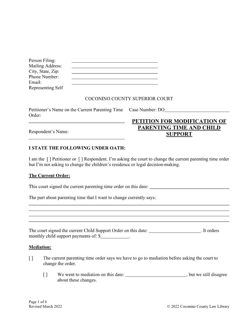 Petition For Modification Of Parenting Time And Child Support | Pdf Fpdf Doc Docx | Arizona