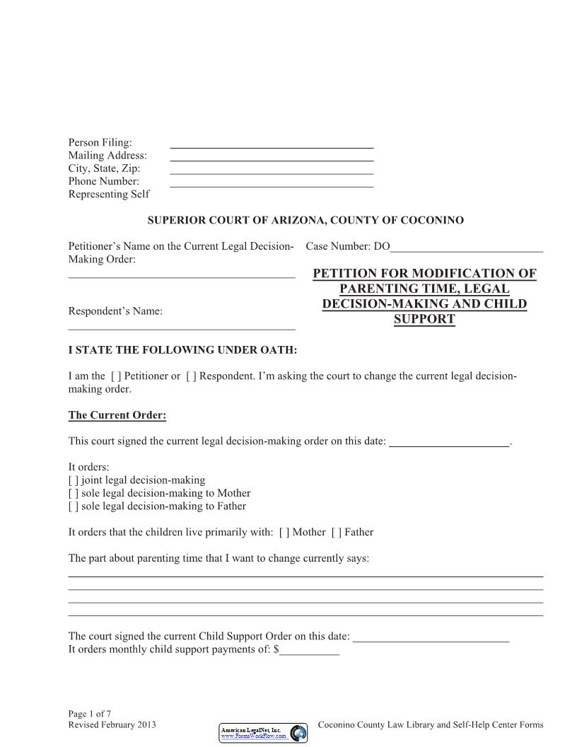 Petition For Modification Of Parenting Time, Legal Decision-Making And Child Support | Pdf Fpdf Docx | Arizona