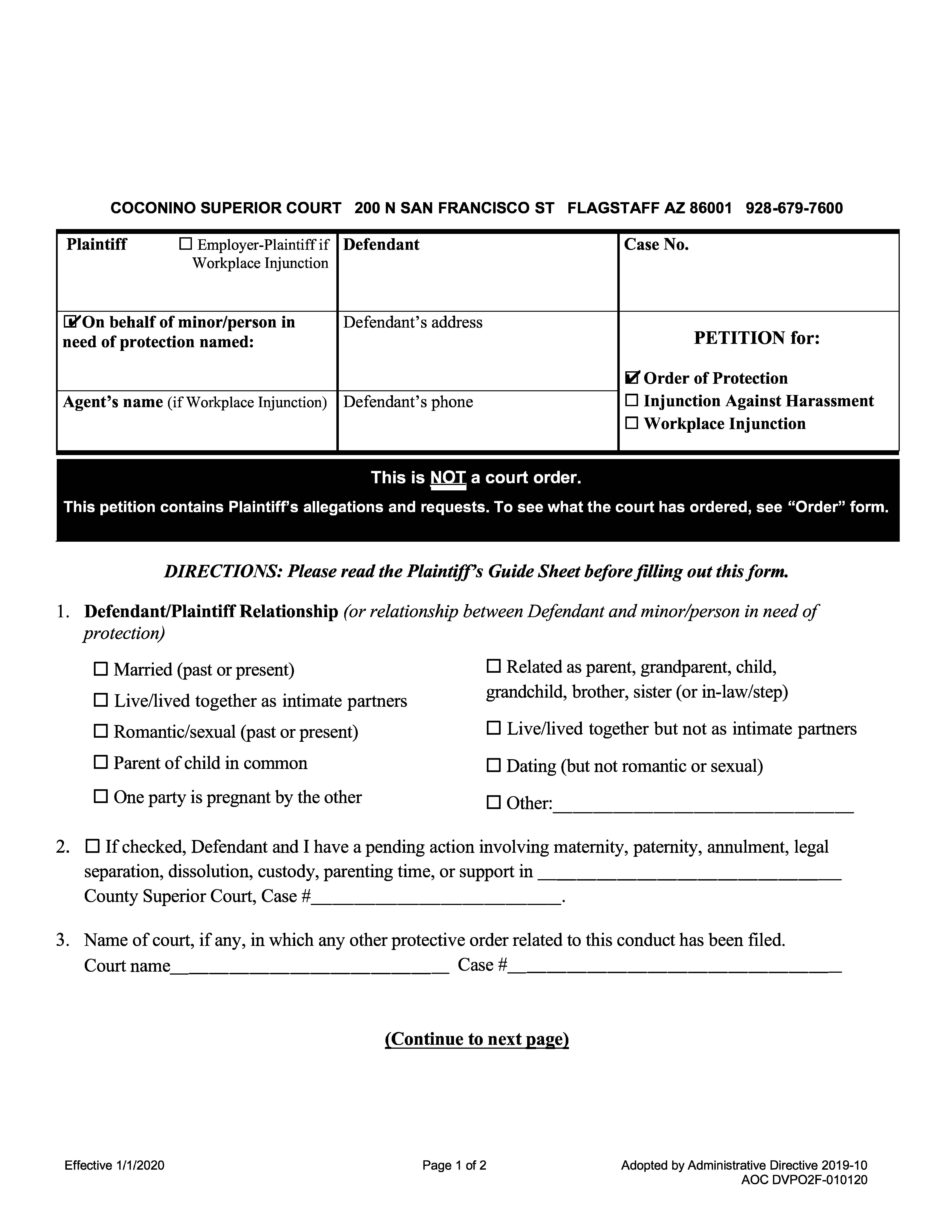 Petition For Order Of Protection Injunction Against Harassment | Pdf Fpdf Doc Docx | Arizona