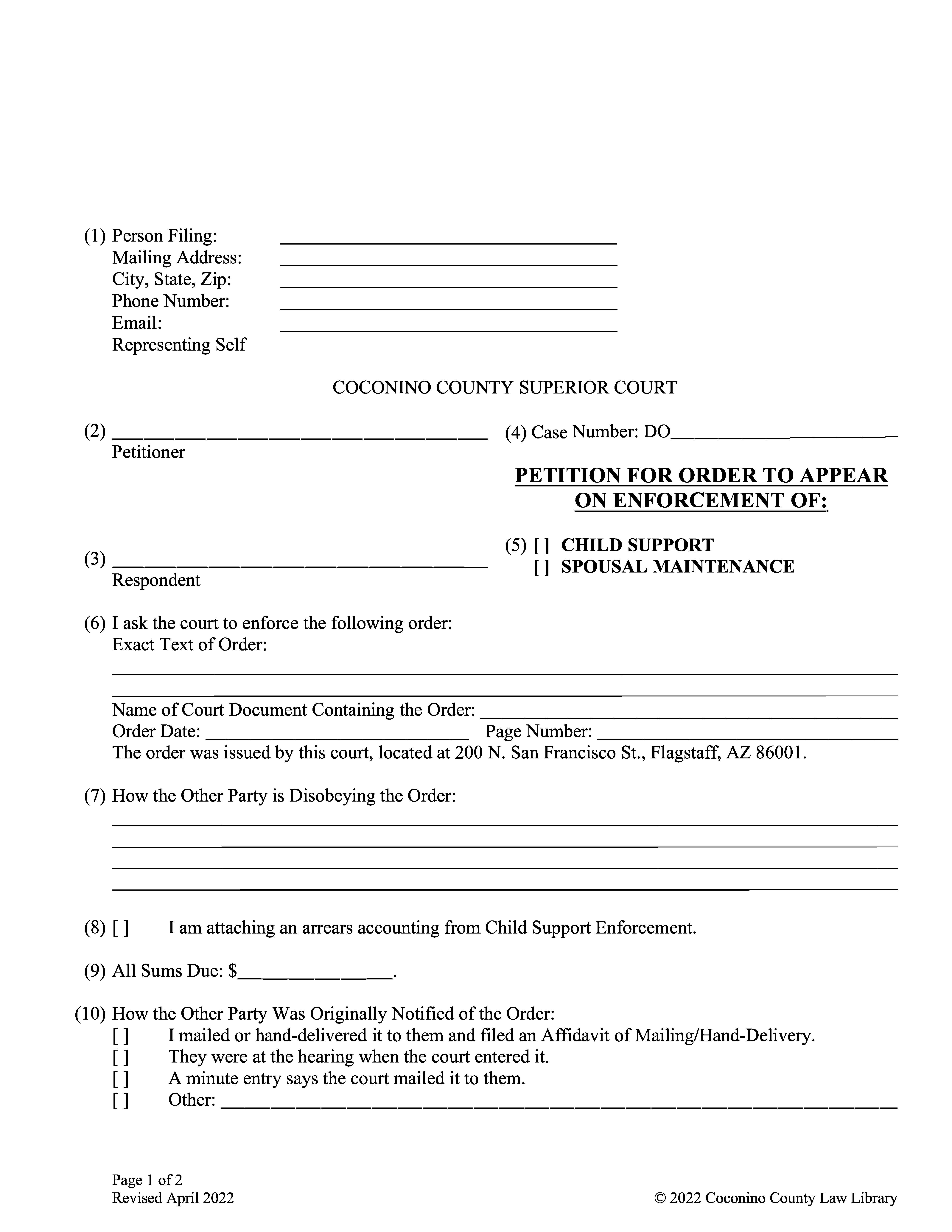 Petition For Order To Appear On Enforcement Of Child | Pdf Fpdf Doc Docx | Arizona