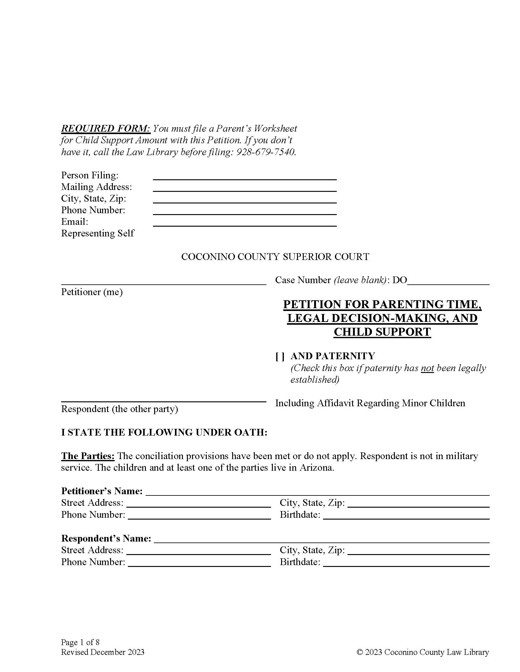 Petition For Parenting Time Legal Decision Making And Child Support | Pdf Fpdf Docx | Arizona