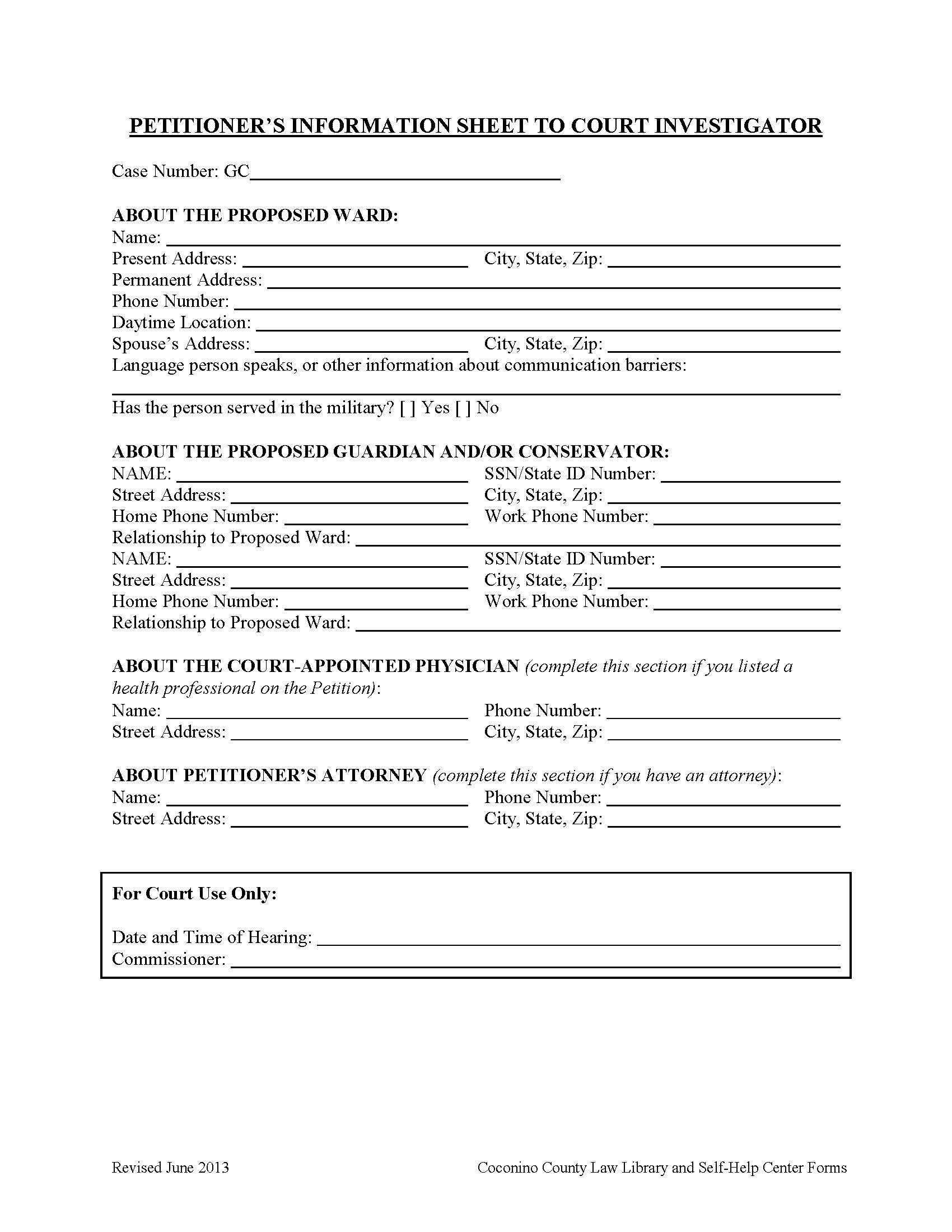 Petitioners Information Sheet To Court Investigator | Pdf Fpdf Doc Docx | Arizona