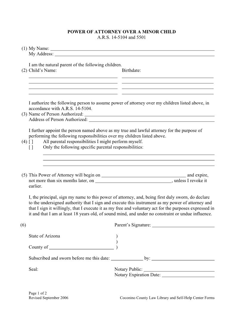 Power Of Attorney Over Minor Child | Pdf Fpdf Doc Docx | Arizona
