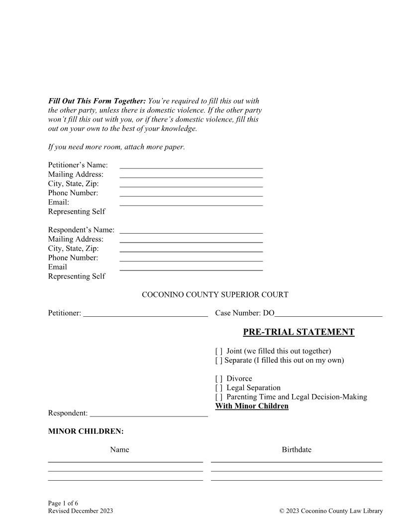 Pre Trial Statement With Minor Children | Pdf Fpdf Docx | Arizona