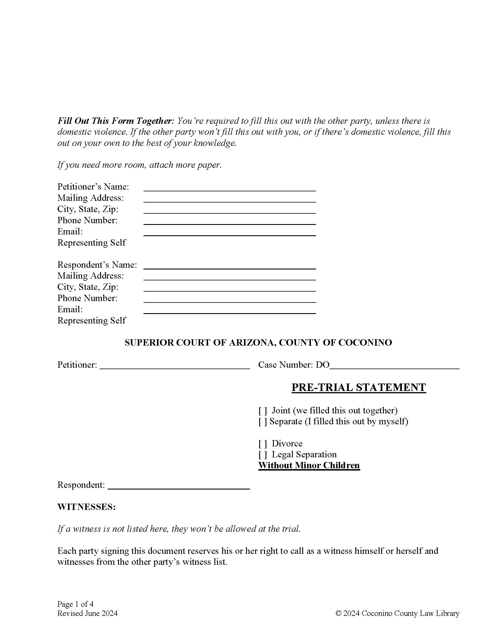 Pre Trial Statement Without Children | Pdf Fpdf Docx | Arizona