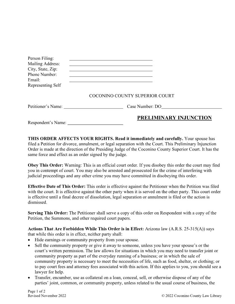 Preliminary Injunction Divorce Or Legal Separation | Pdf Fpdf Doc Docx | Arizona