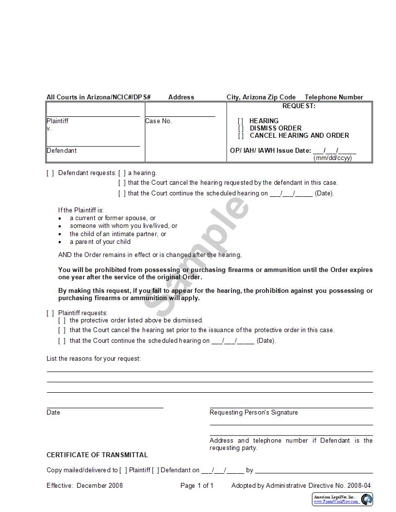 Request Hearing Dismiss Order Cancel Hearing And Order | Pdf Fpdf Doc Docx | Arizona