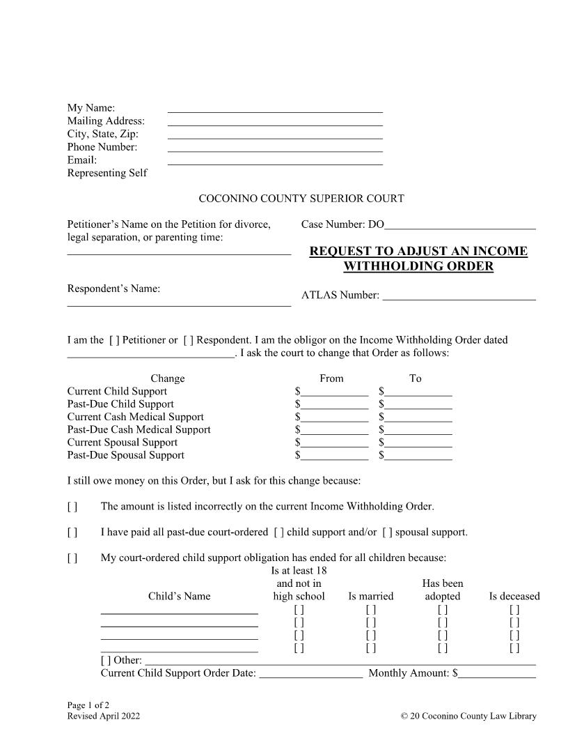 Request To Adjust An Income Withholding Order | Pdf Fpdf Doc Docx | Arizona