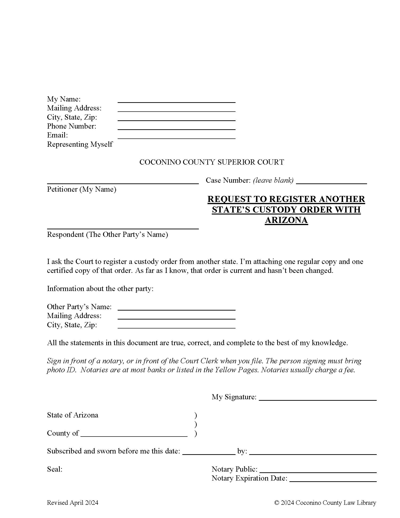 Request To Register Another States Custody Order With Arizona | Pdf Fpdf Docx | Arizona