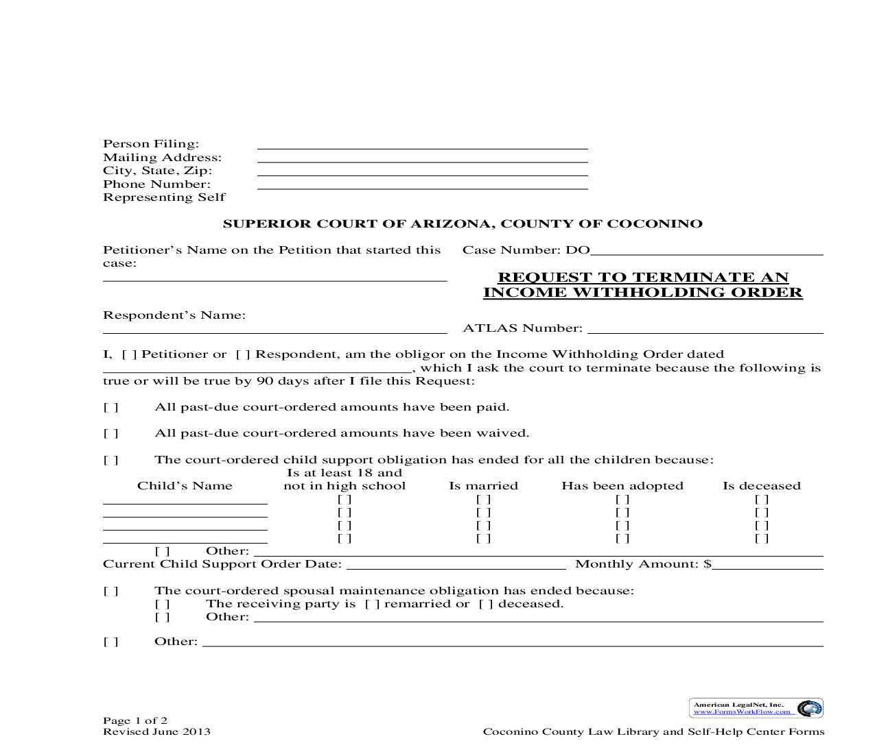 Request To Terminate An Income Withholding Order | Pdf Fpdf Doc Docx | Arizona