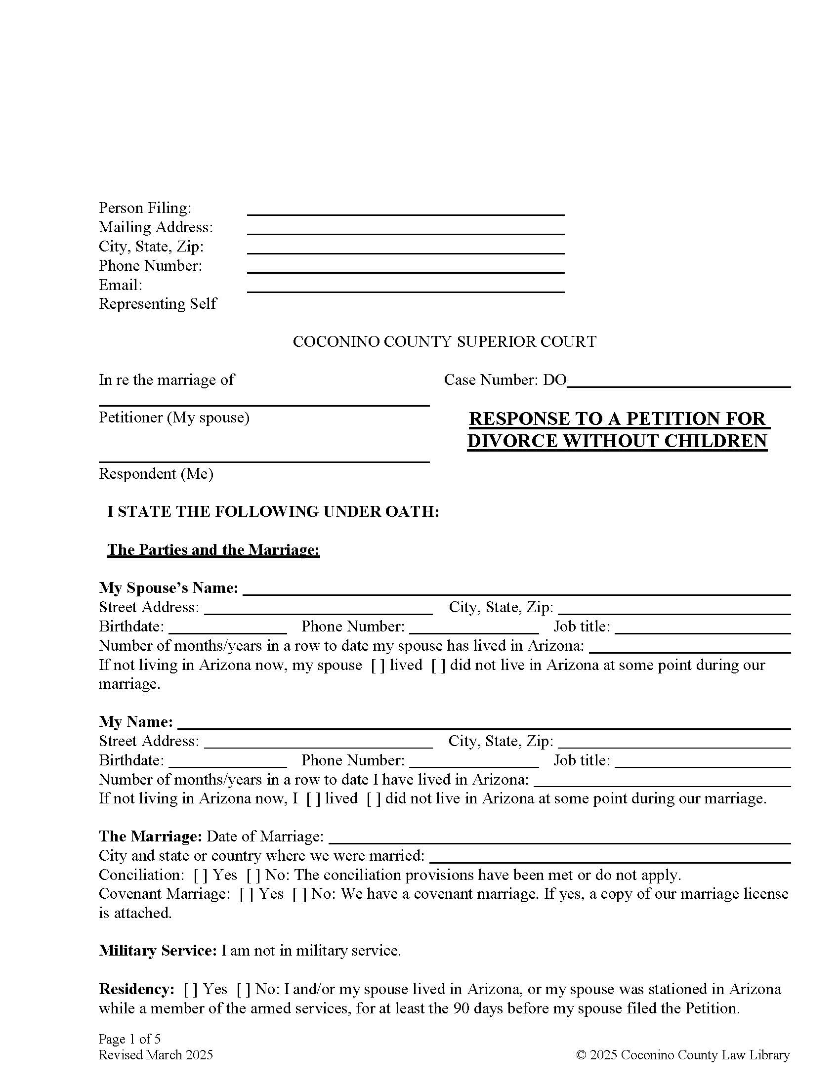 Response To Petition For Divorce Without Children | Pdf Fpdf Doc Docx | Arizona