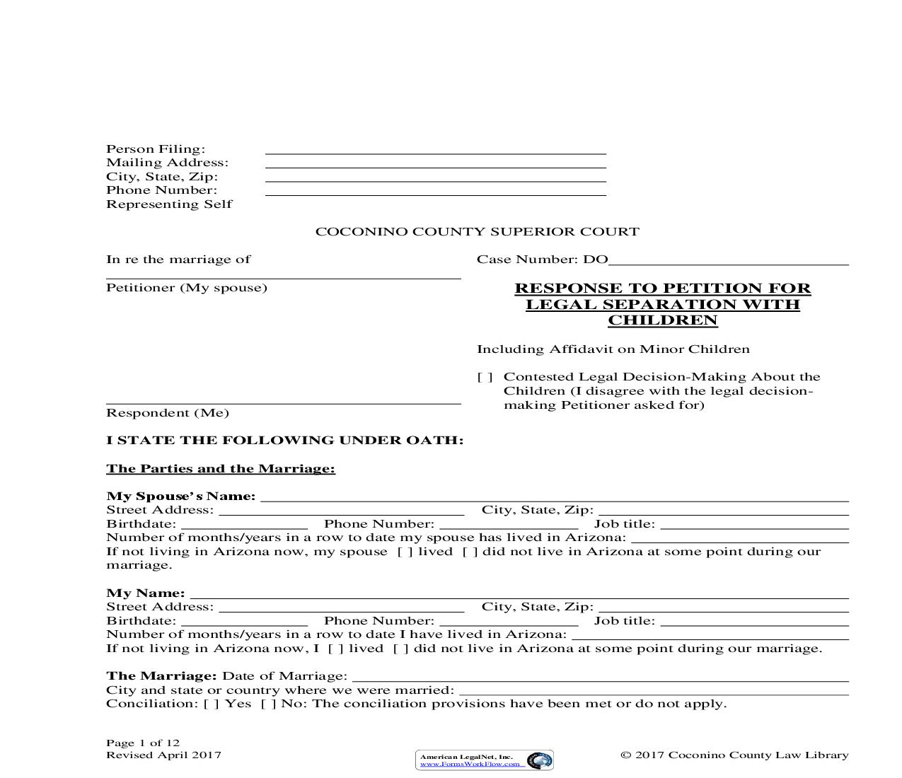 Response To Petition For Legal Separation With Children | Pdf Fpdf Doc Docx | Arizona