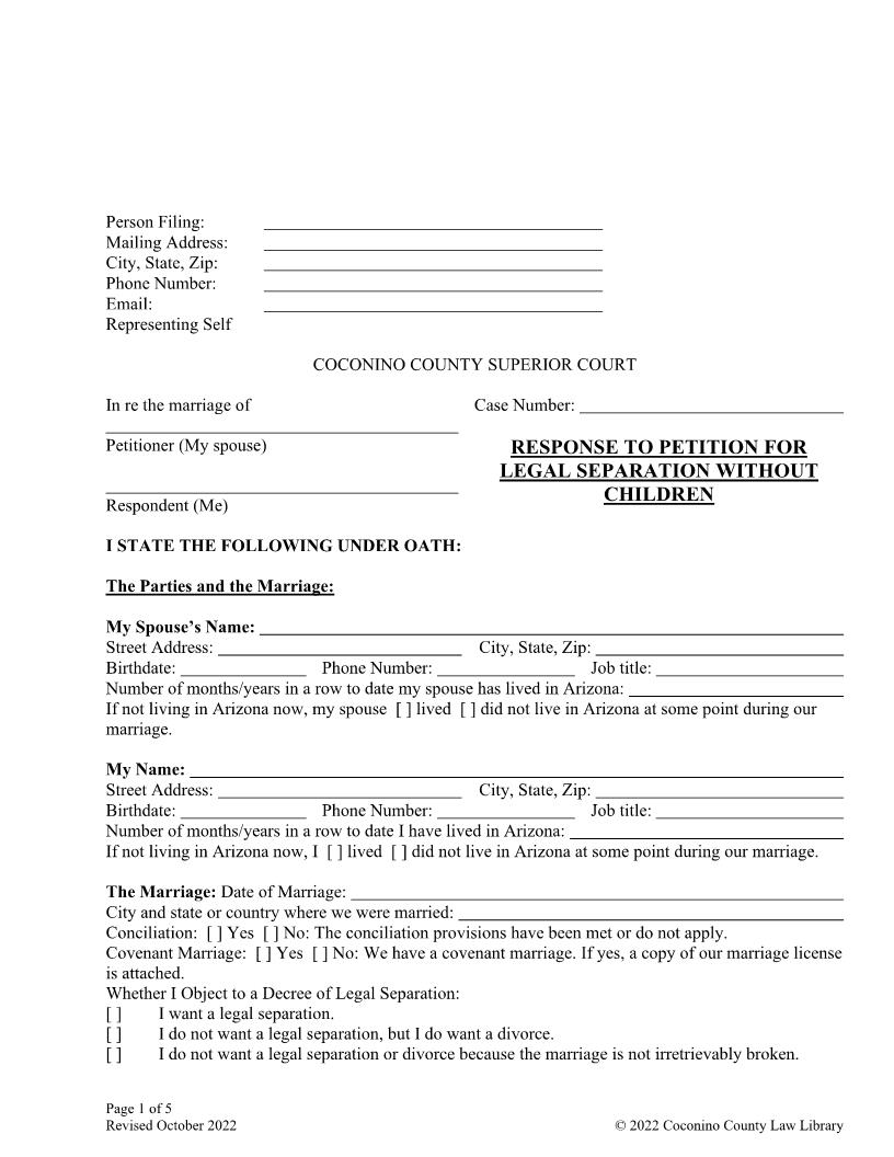 Response To Petition For Legal Separation Without Children | Pdf Fpdf Doc Docx | Arizona