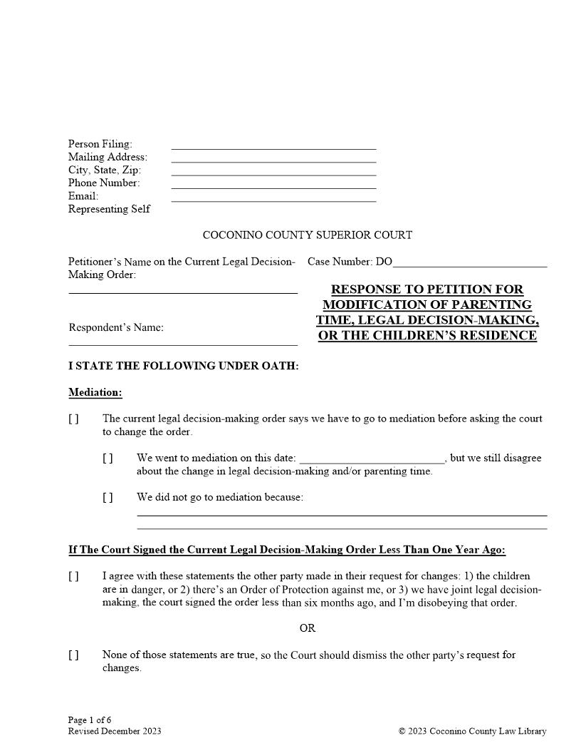 Response To Petition For Modification Of Parenting Time Legal Decision Making Or The Childrens Residence | Pdf Fpdf Docx | Arizona