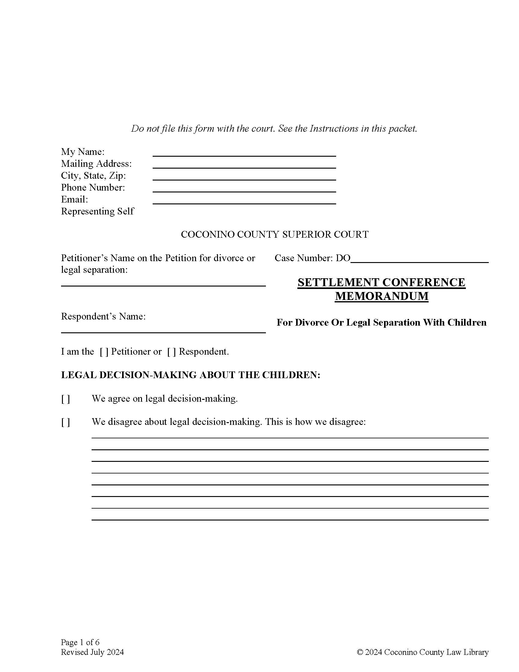 Settlement Conference Memorandum (For Divorce Or Legal Separation With Children) | Pdf Fpdf Doc Docx | Arizona