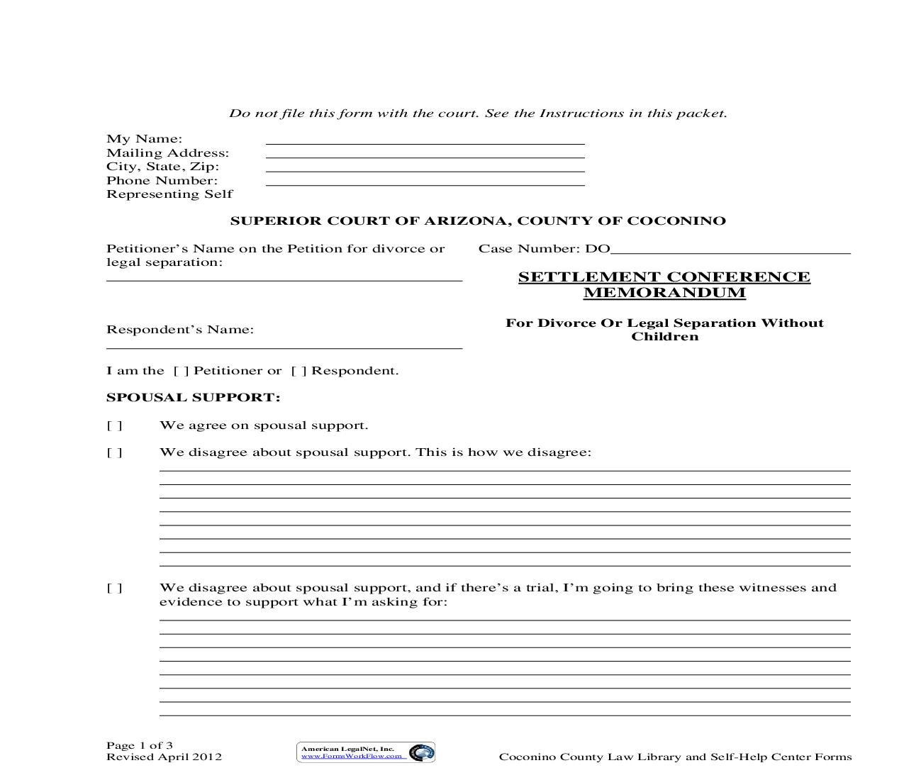 Settlement Conference Memorandum (For Divorce Or Legal Separation Without Children) | Pdf Fpdf Doc Docx | Arizona