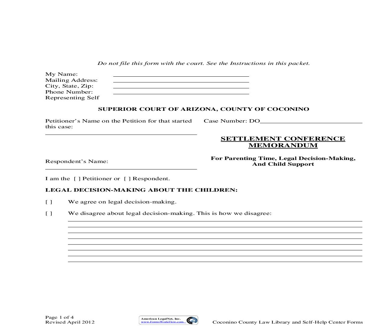 Settlement Conference Memorandum (For Parenting Time-Legal Decision-Making And Child Support) | Pdf Fpdf Doc Docx | Arizona