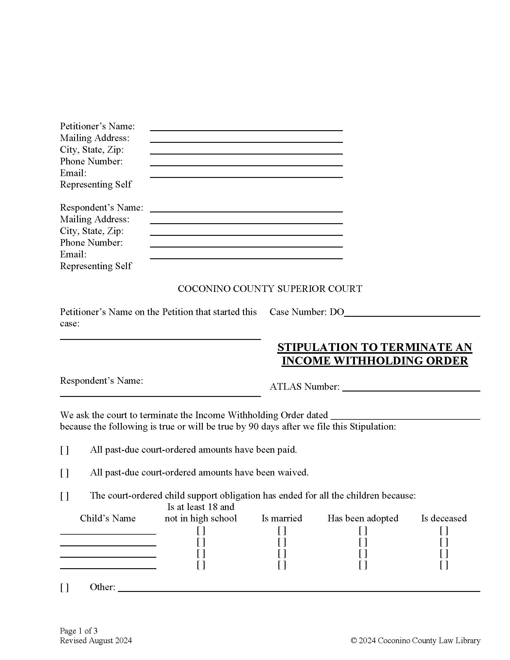 Stipulation To Terminate An Income Withholding Order | Pdf Fpdf Doc Docx | Arizona