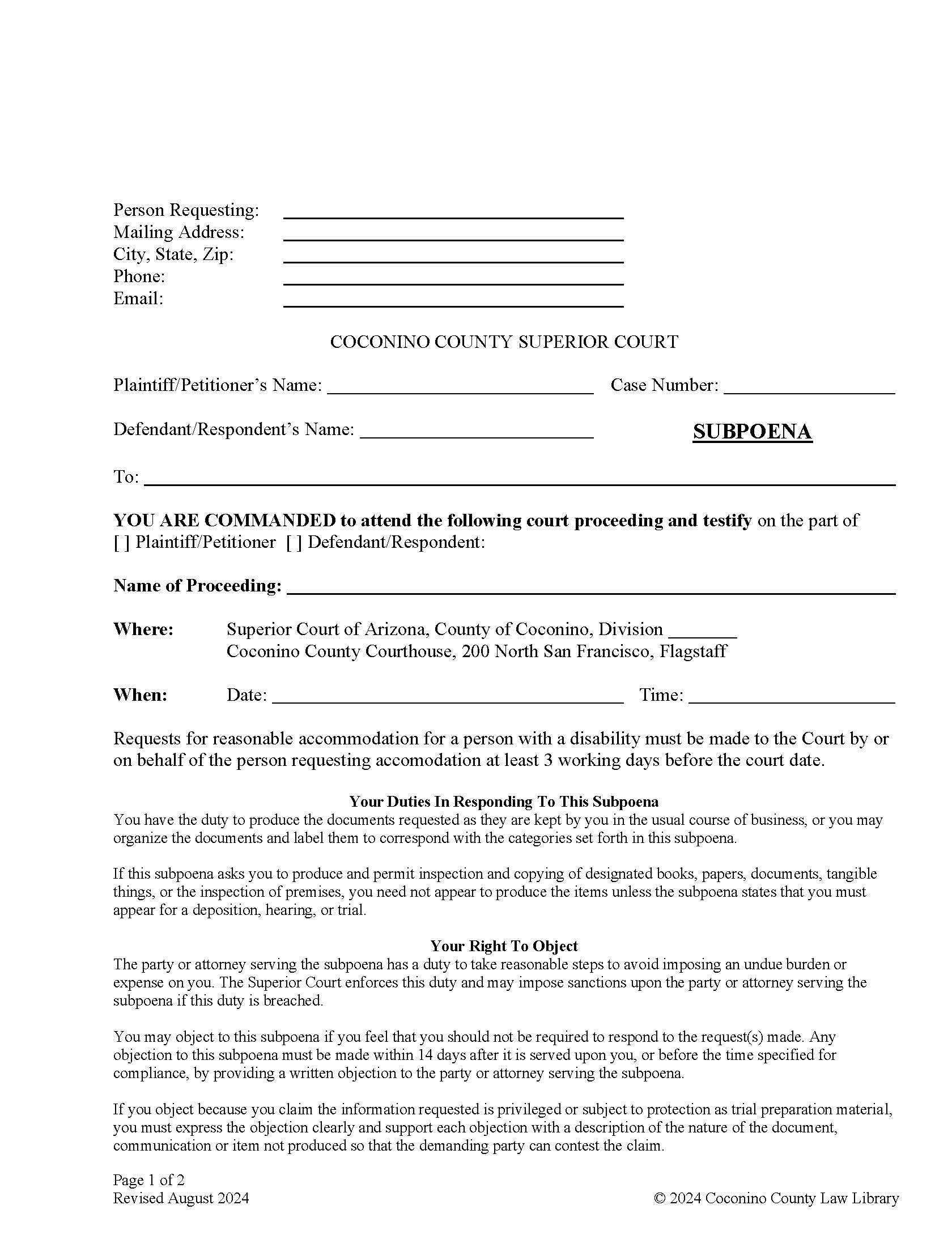 Subpoena And Affidavit Of Service Of Subpoena | Pdf Fpdf Docx | Arizona