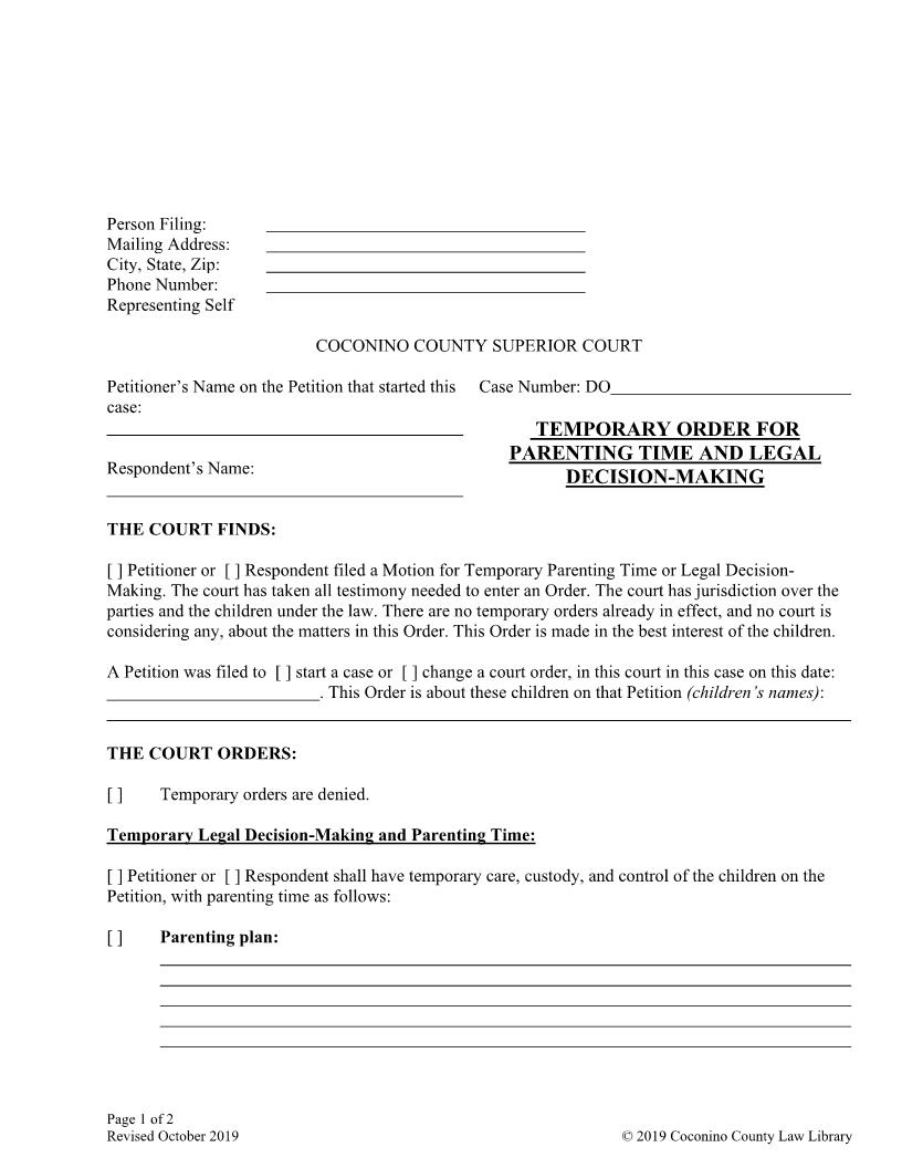 Temporary Order For Parenting Time Legal Decision | Pdf Fpdf Docx | Arizona