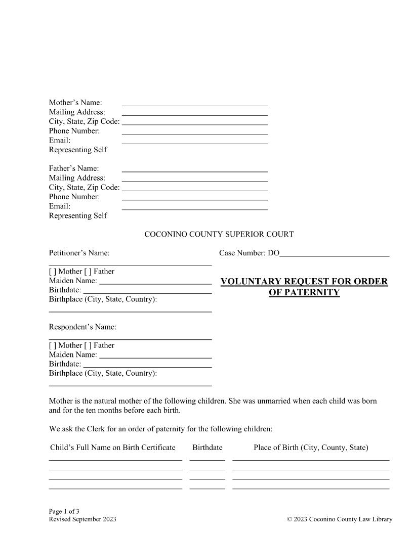Voluntary Request For Order Of Paternity | Pdf Fpdf Doc Docx | Arizona