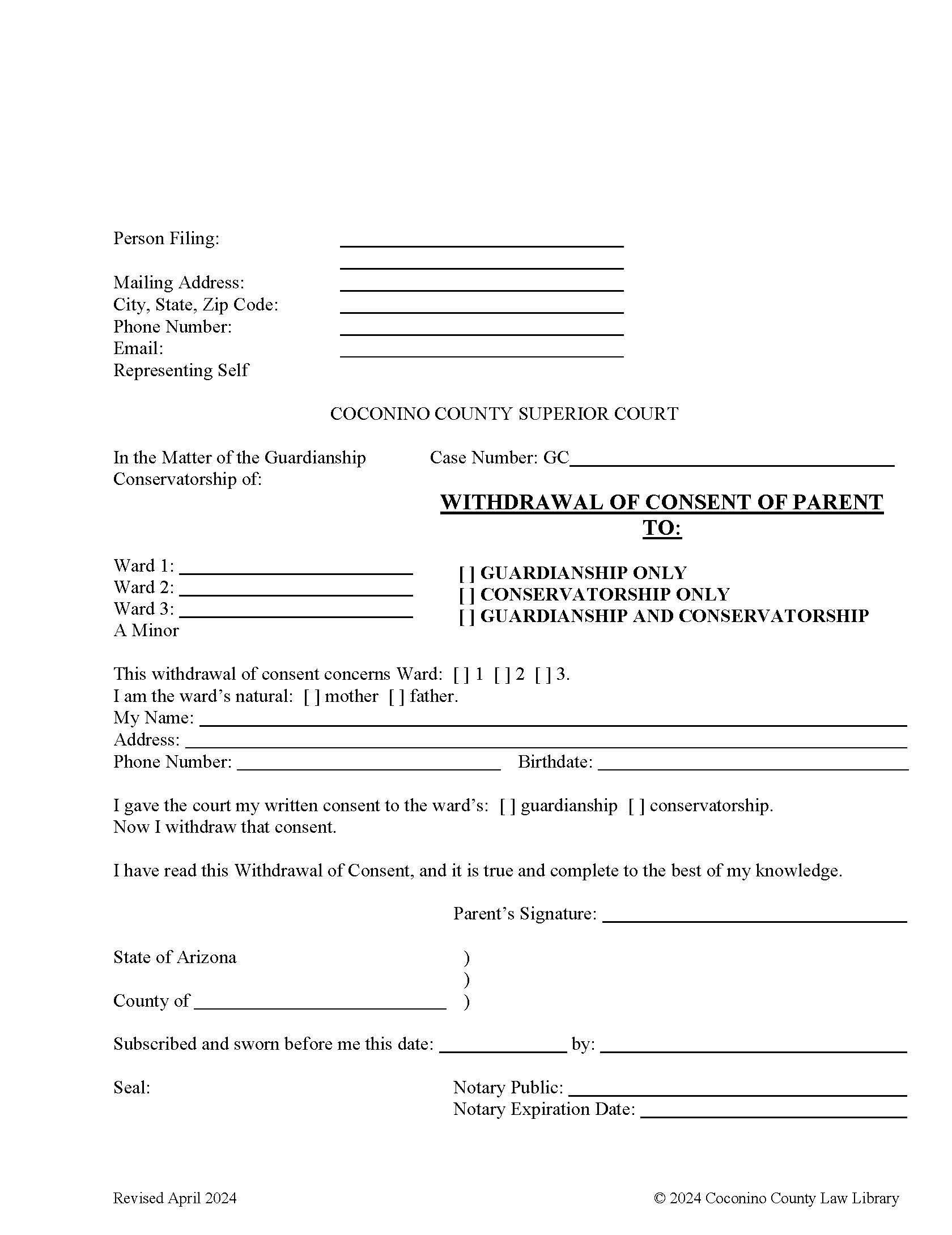 Withdrawal Of Consent Of Parent To Guardianship And Conservatorship | Pdf Fpdf Doc Docx | Arizona
