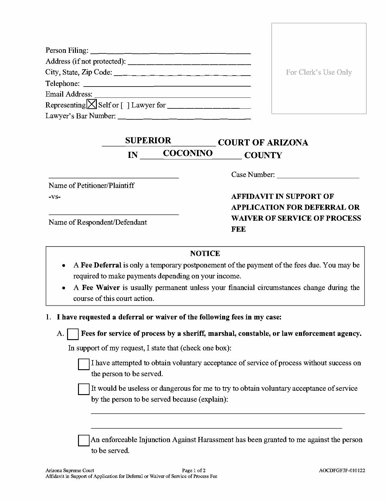 Affidavit In Support Application Deferral Waiver Service Process Fees | Pdf Fpdf Doc Docx | Arizona