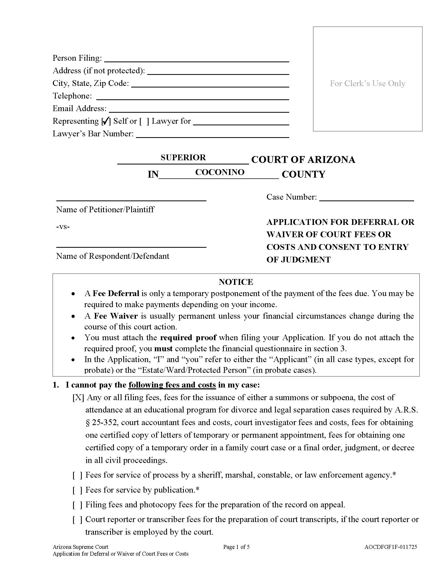Application For Deferral Or Waiver Of Court Fees Or Costs | Pdf Fpdf Doc Docx | Arizona