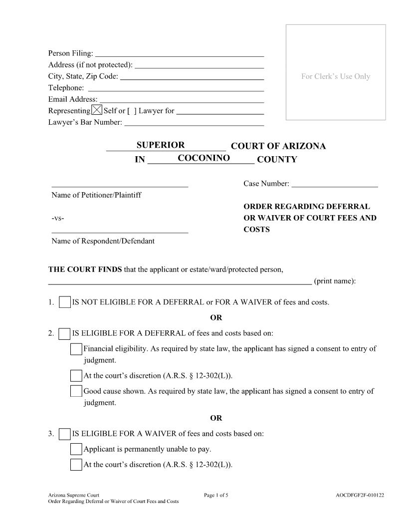 Order Regarding Deferral Or Waiver Of Court Fees And Costs | Pdf Fpdf Docx | Arizona