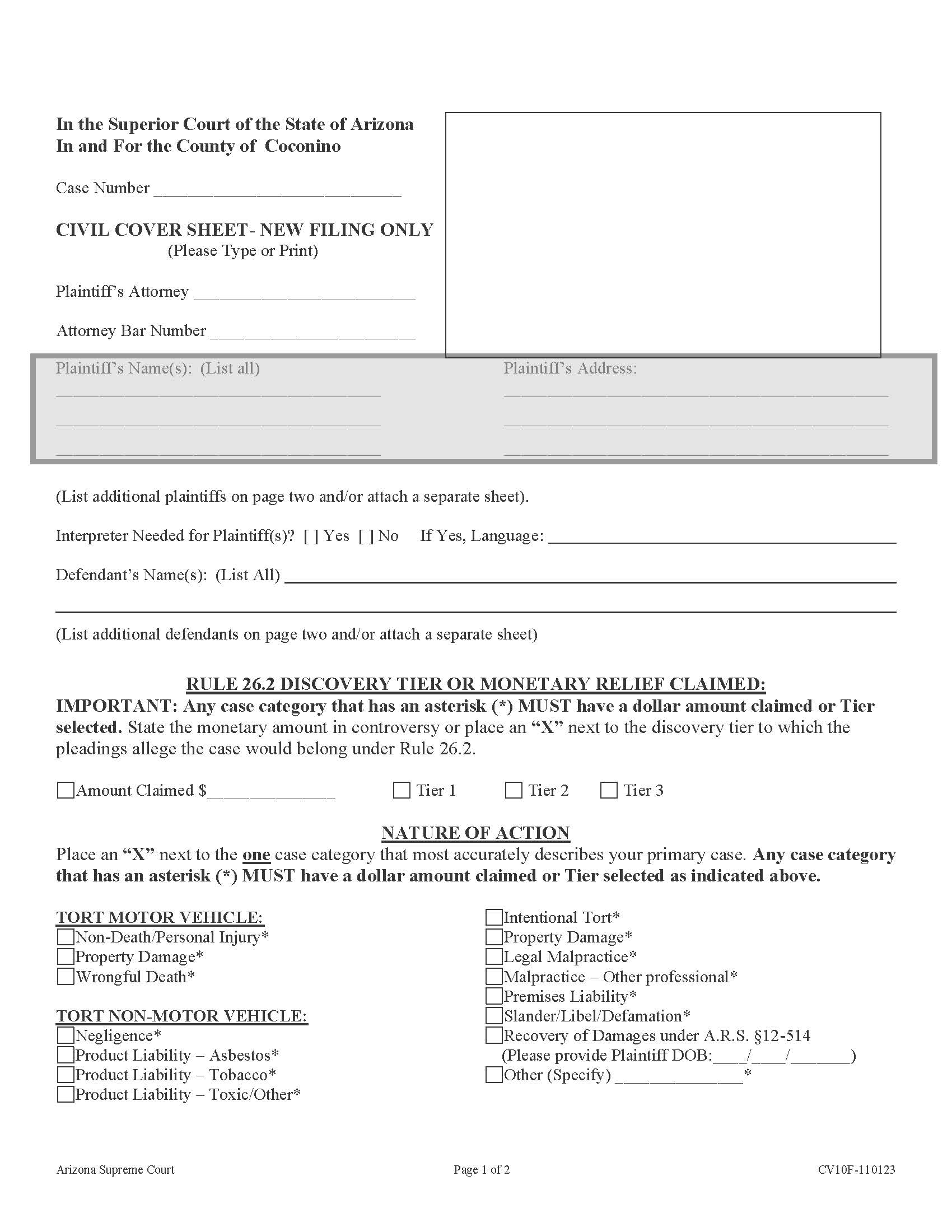 Civil Cover Sheet New Filing Only | Pdf Fpdf Docx | Arizona