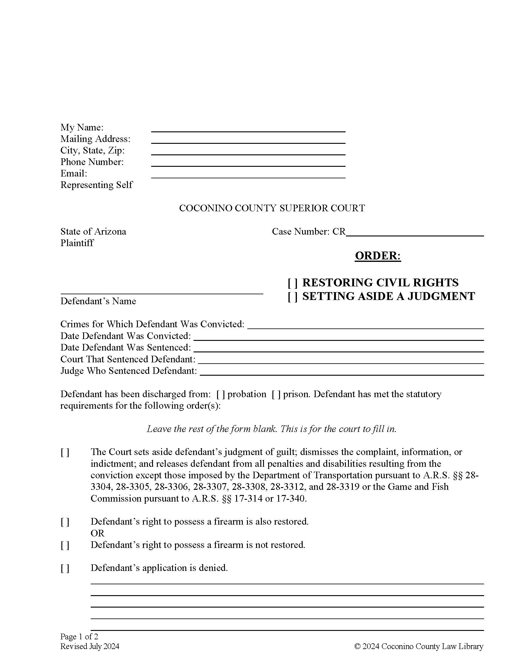 Order Restoring Civil Rights And Or Setting Aside A Judgment | Pdf Fpdf Docx | Arizona