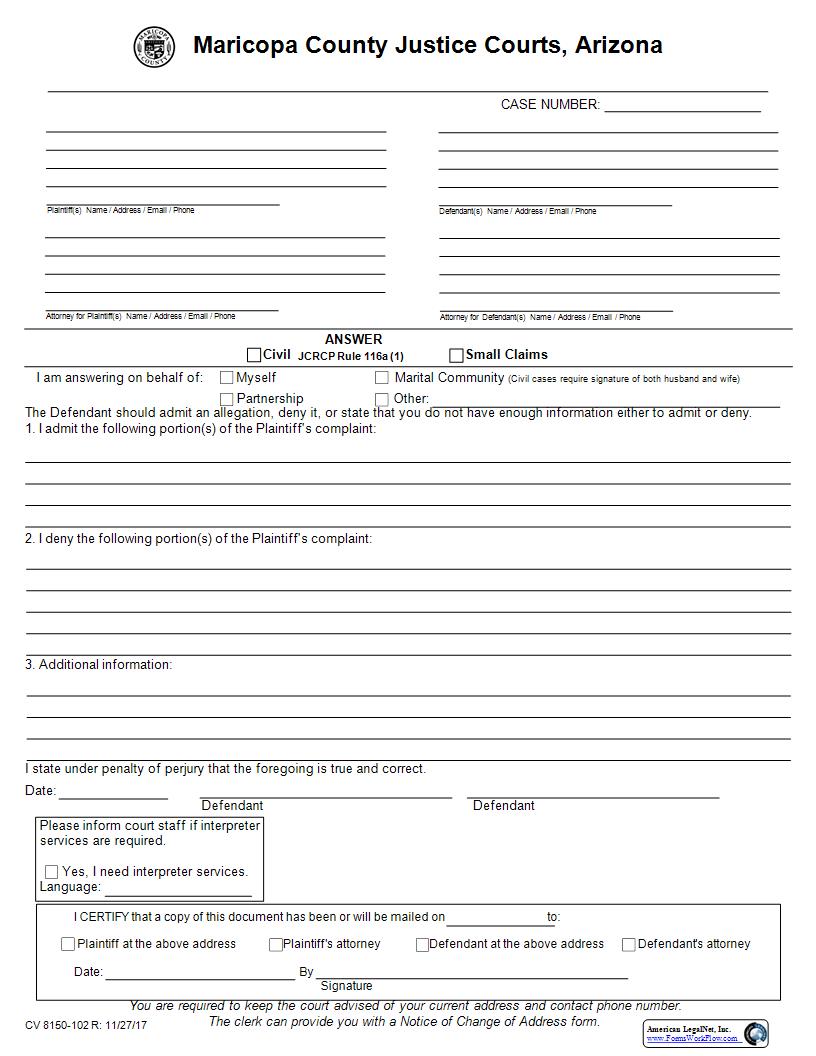 Answer (Civil) {CV 8150-102} | Pdf Fpdf Docx | Arizona